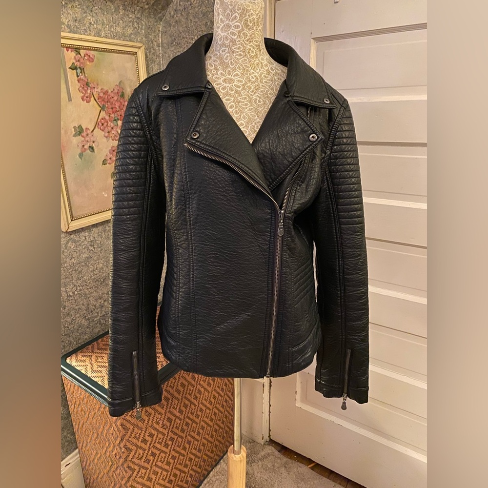 Nicole by Nicole Miller Black faux Leather vegan Moto Biker Jacket sz large